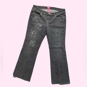 Grey Floral Embroidered Bootcut Jeans